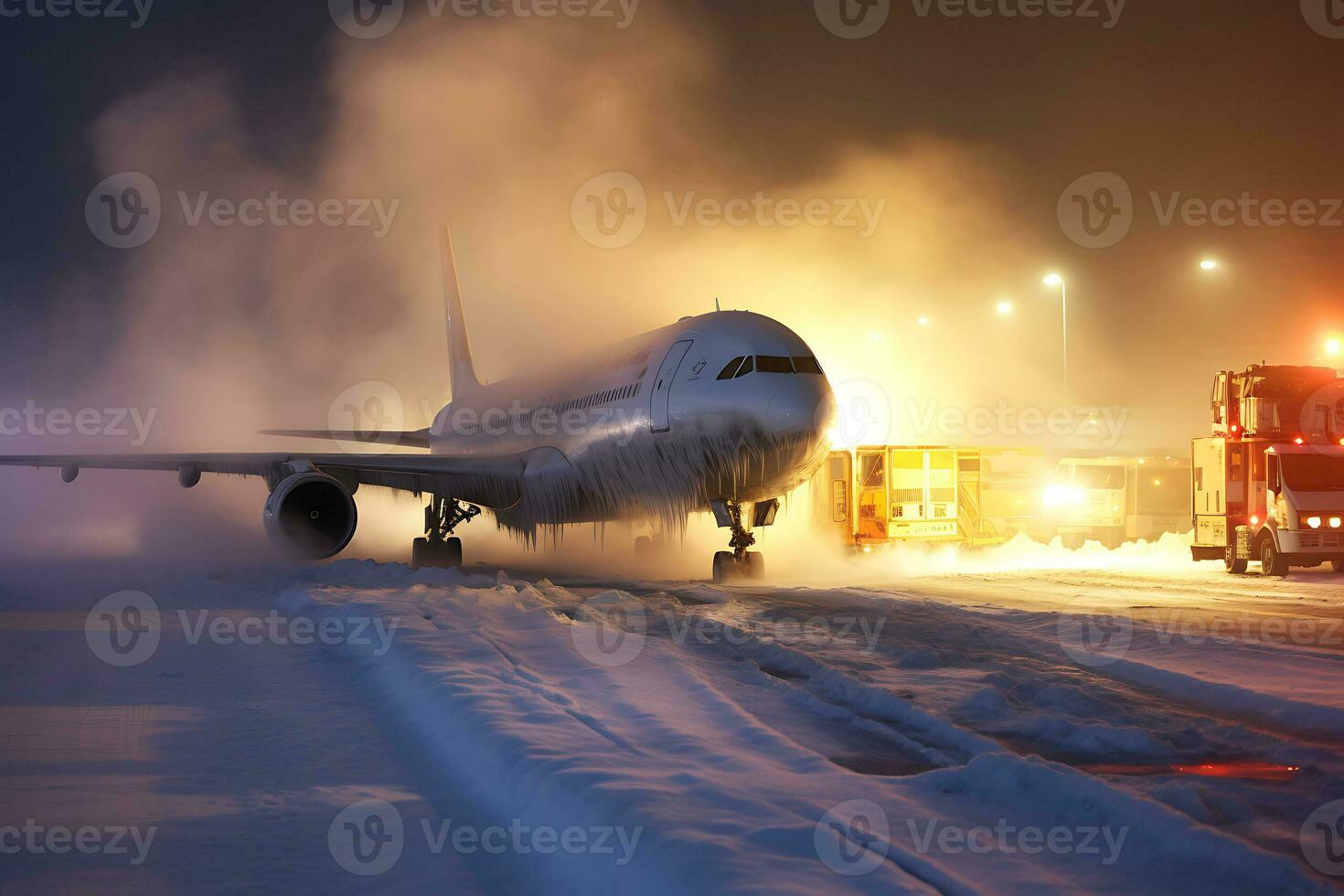 AI generated A commercial jet plane is unable to take off on a freezing winter evening due to freezing. photo