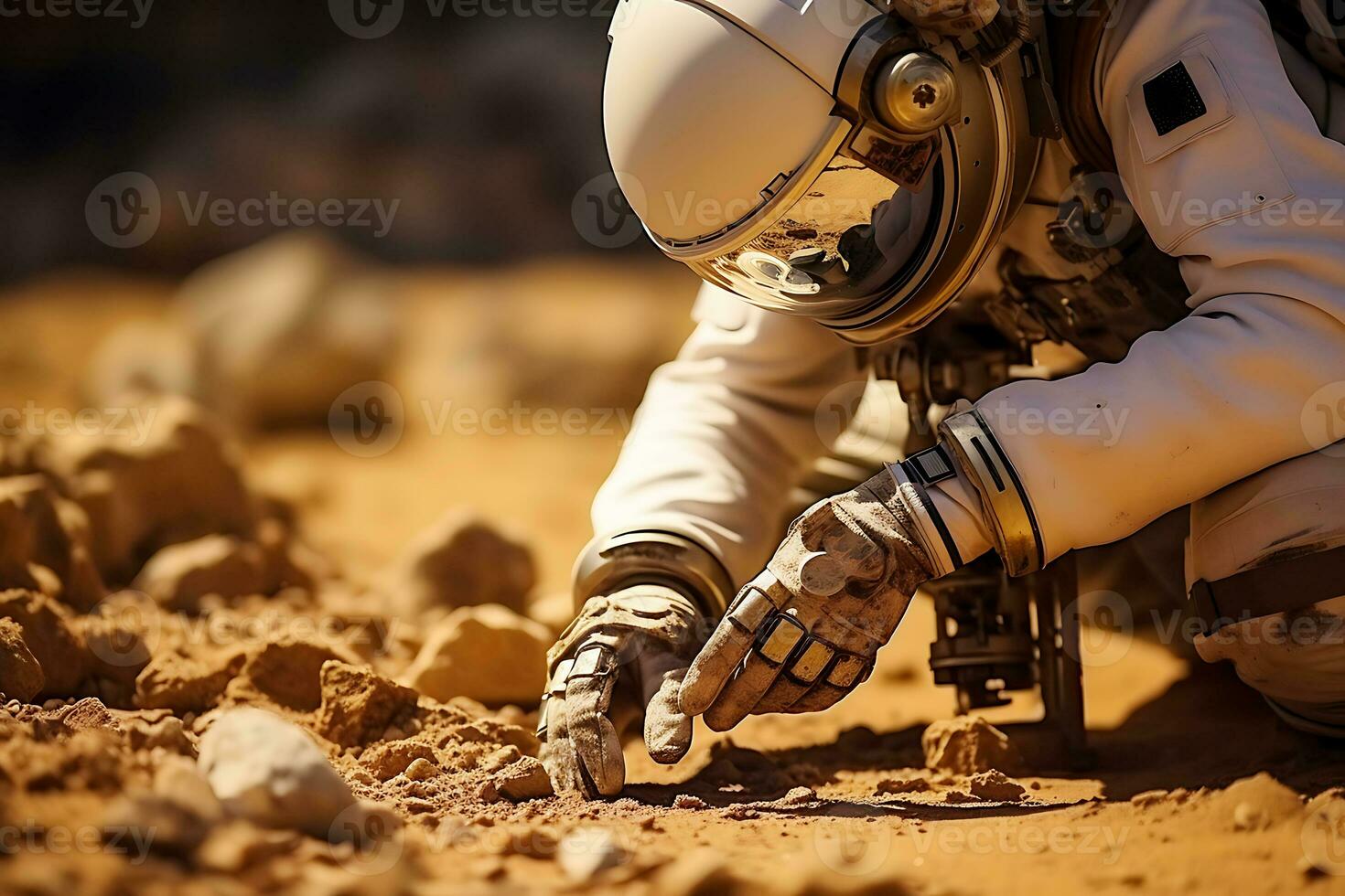 AI generated A humanoid robot takes soil samples on the planet Mars photo