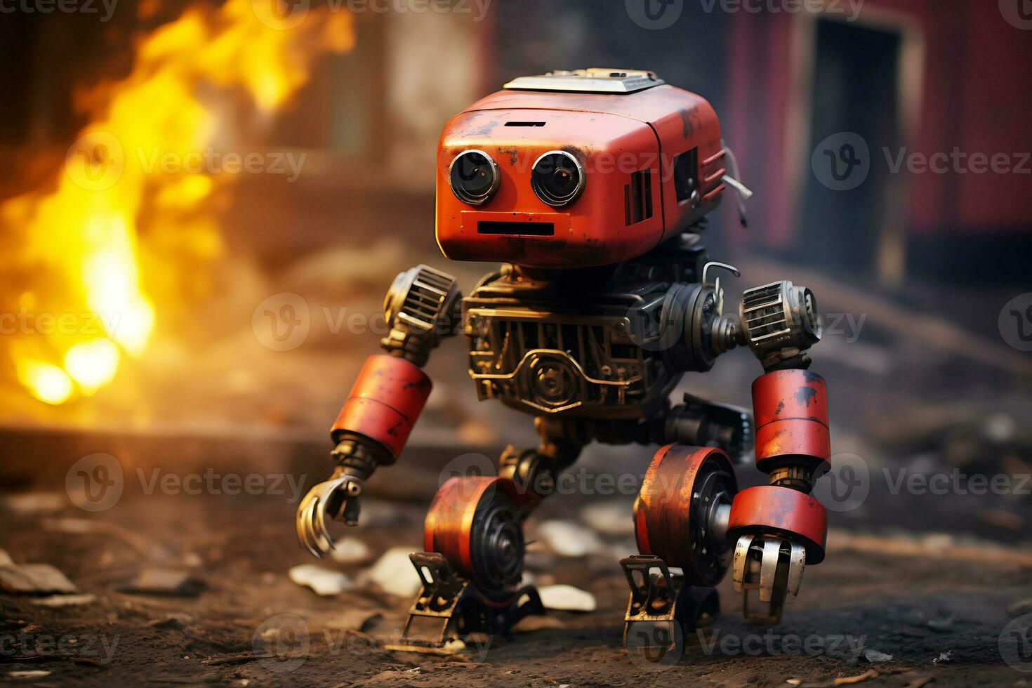 ai generado un bombero robot hecho de rojo metal ayuda en extinguir un fuego. foto