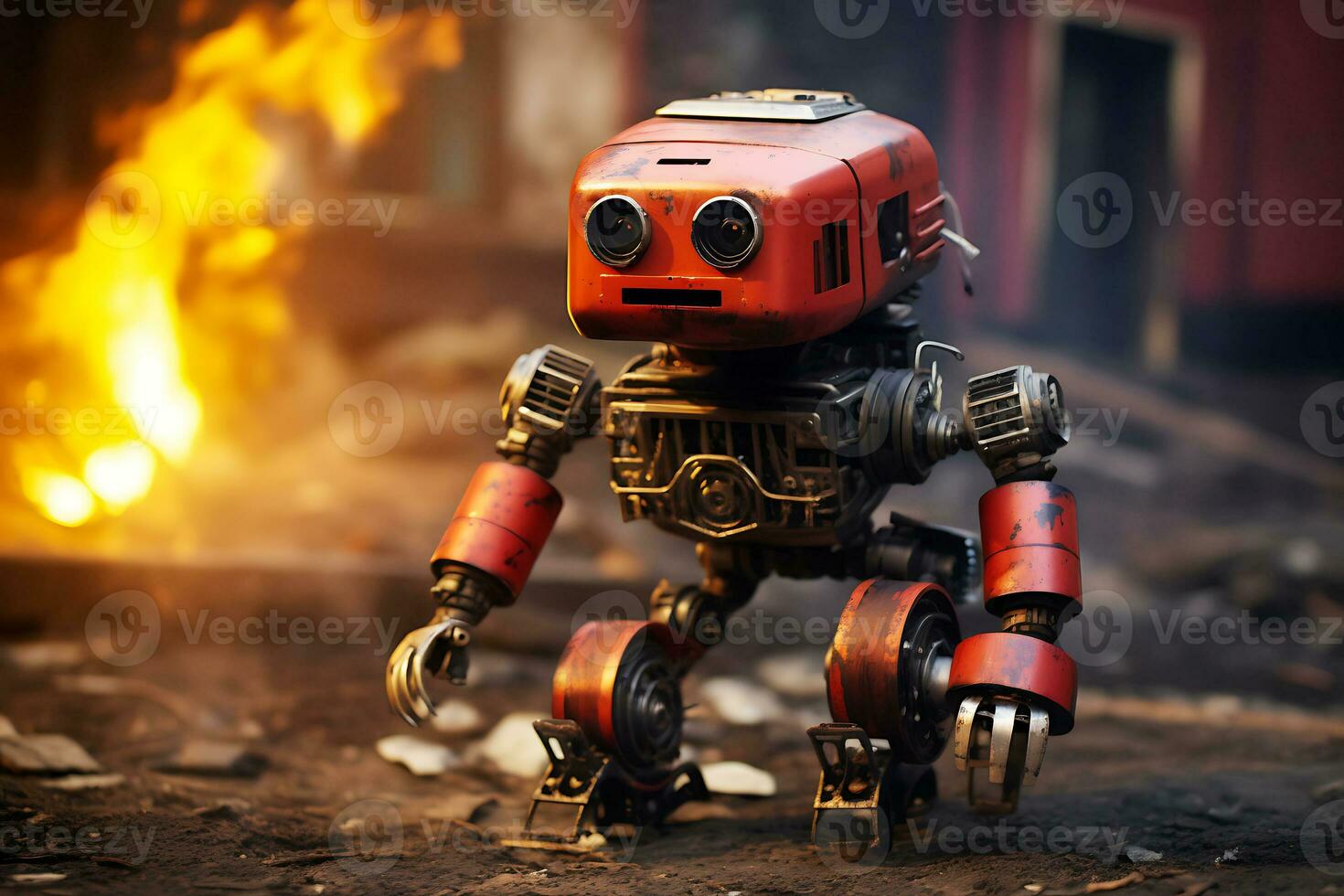 AI generated A firefighter robot made of red metal helps in extinguishing a fire. photo