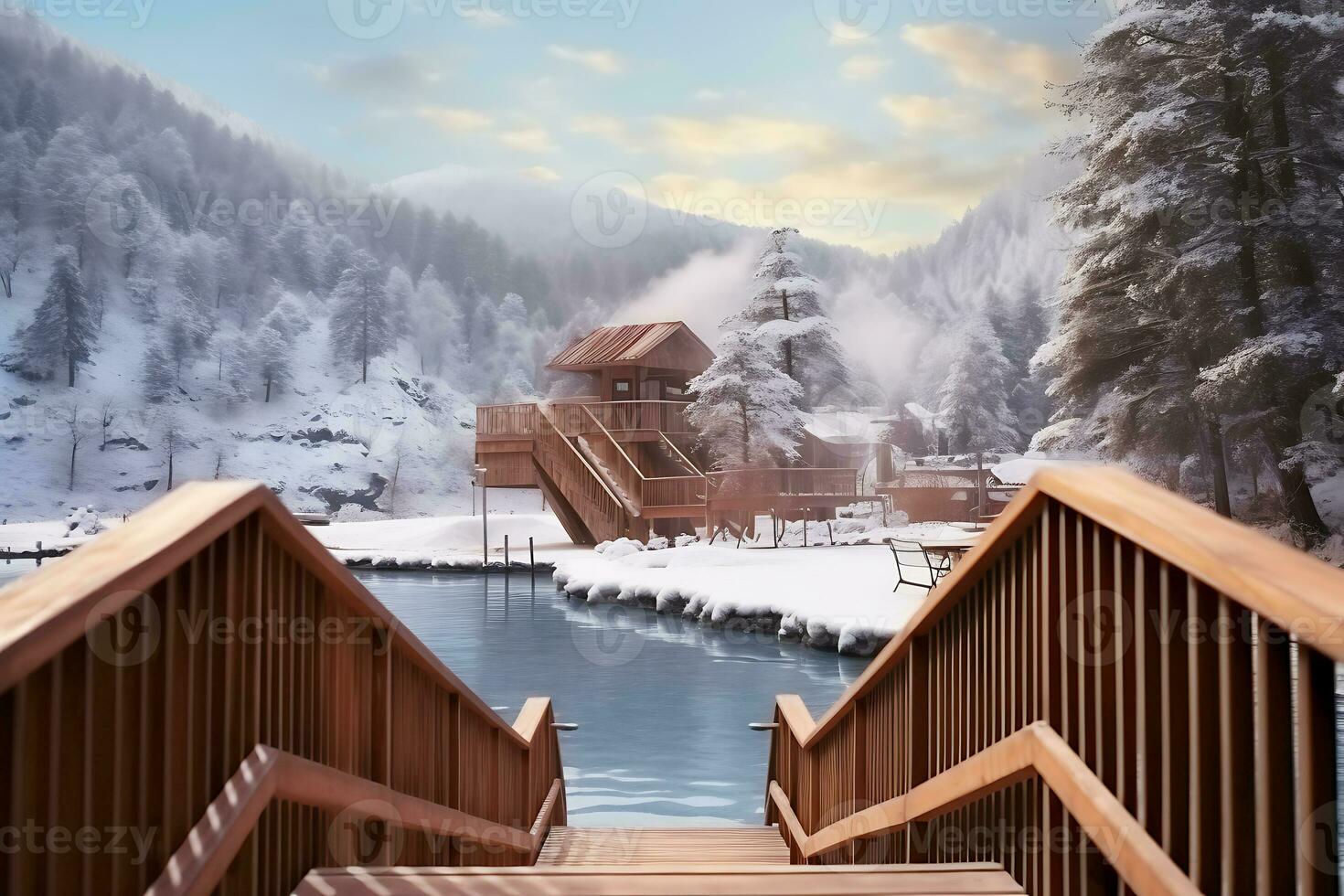 AI generated Hot thermal spring in the middle of snowy forest and mountains. There is a wooden hotel near the spring. Travel concept to hot springs in winter photo