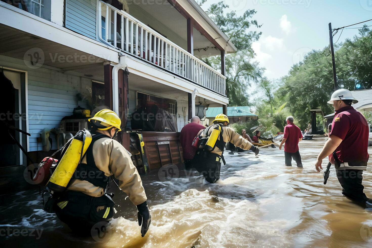 ai generado como un resultado de el inundación, ciudad calles y el primero pisos de edificios fueron inundado rescate operaciones son en marcha foto