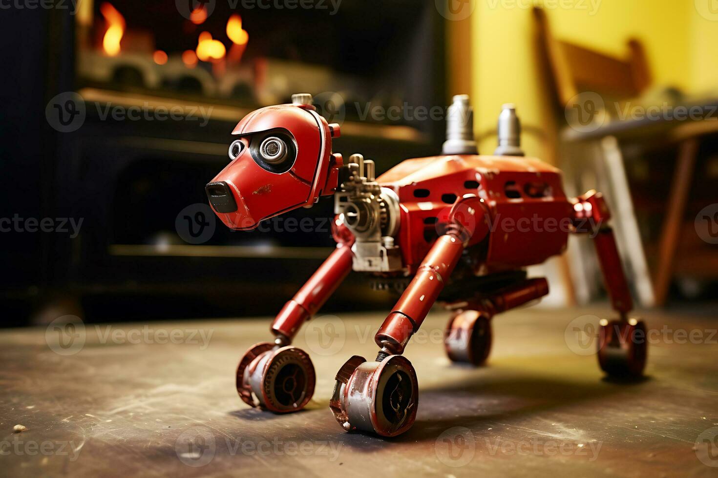 AI generated Fire robot dog made of red metal checks the gas density in the room photo
