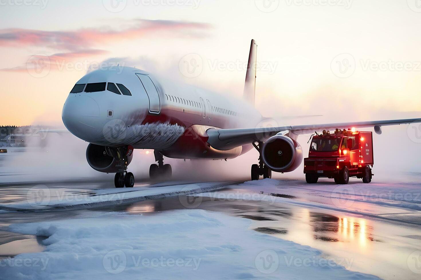 AI generated A commercial jet plane is unable to take off on a freezing winter evening due to freezing. photo