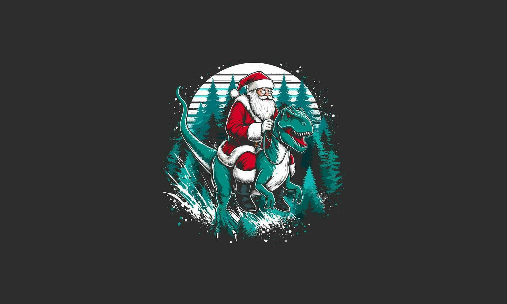 santa riding dino on forest night vector artwork design