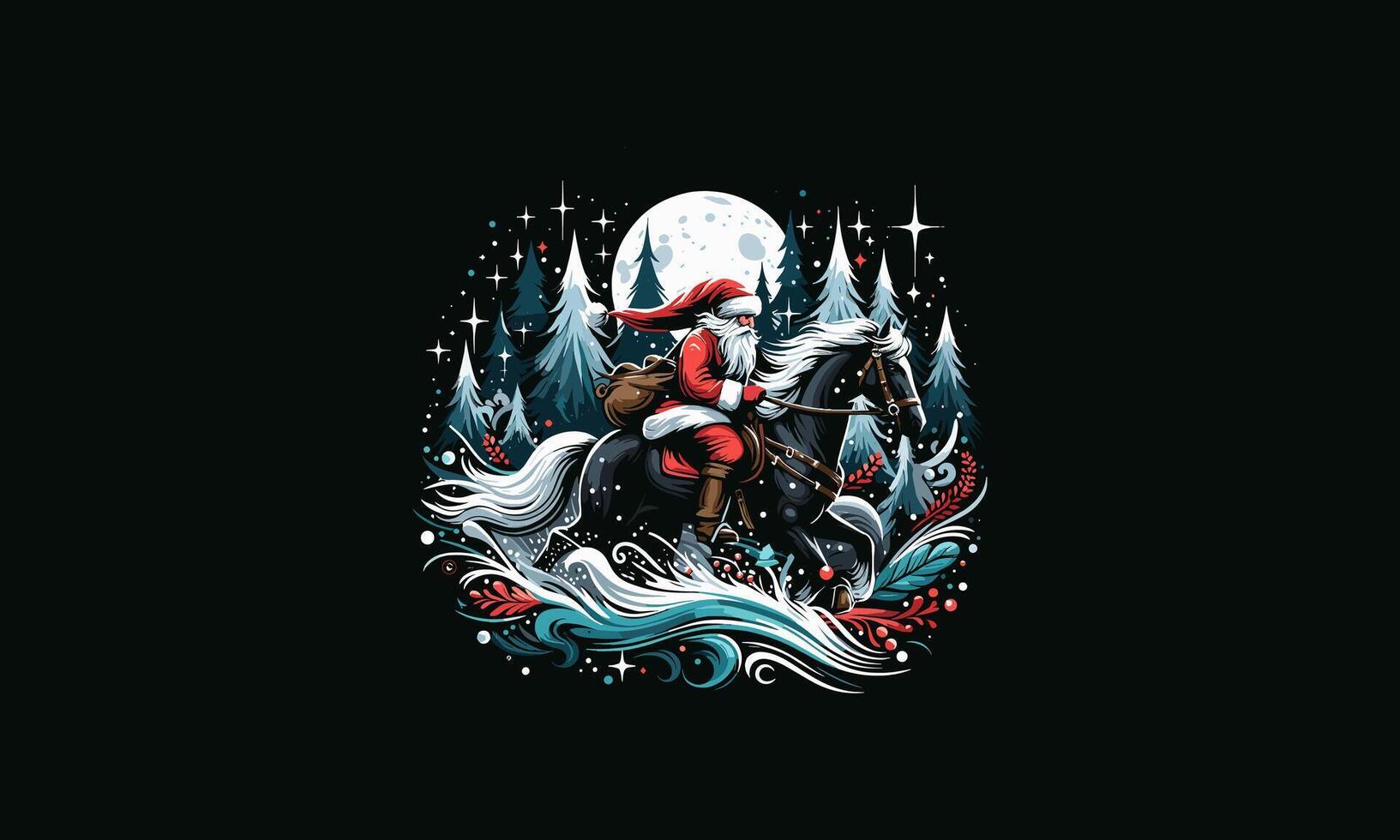 santa riding horse on forest vector artwork design