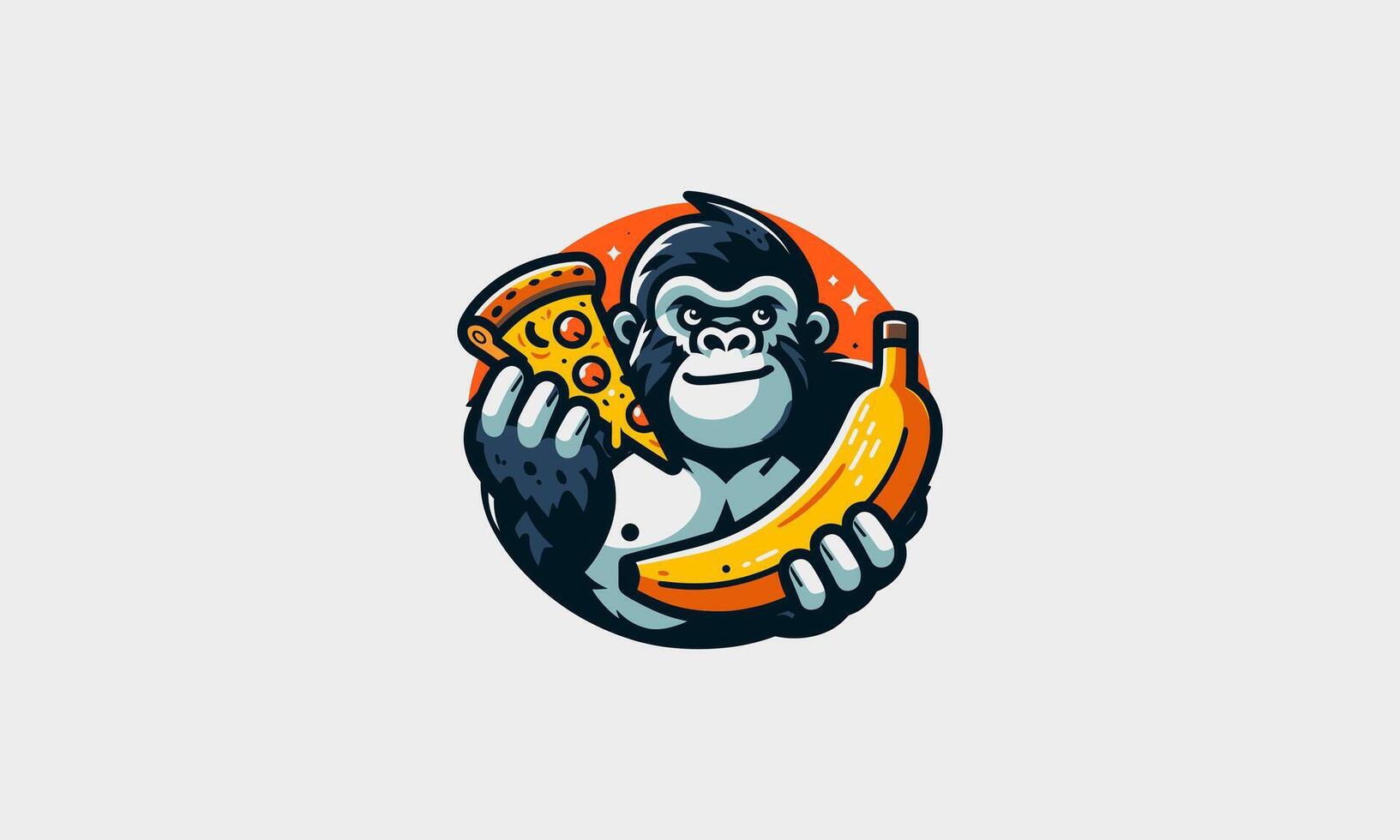 gorilla hold pizza and banana vector mascot flat design