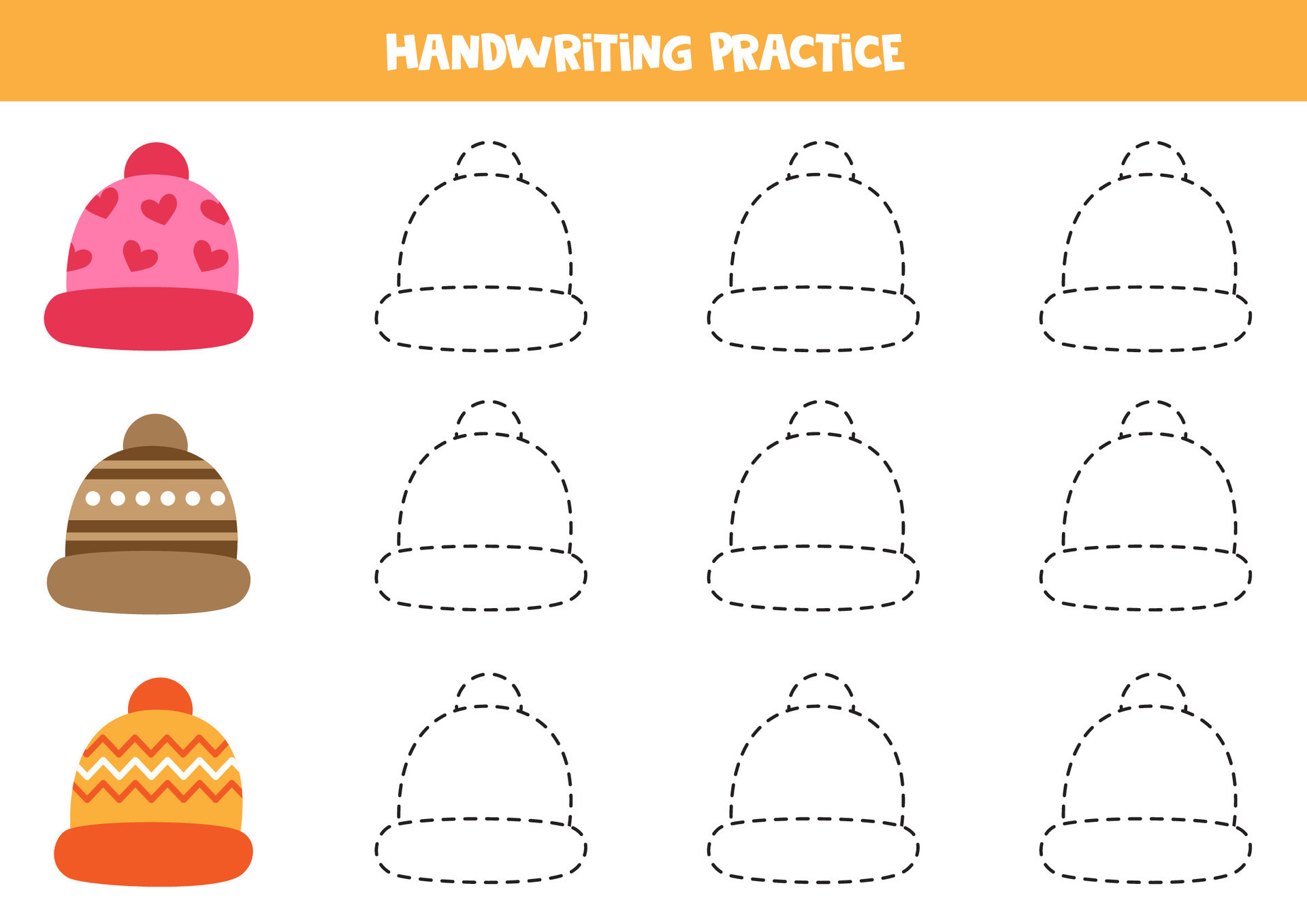 Tracing contours for kids. Cute cartoon colorful caps. Handwriting