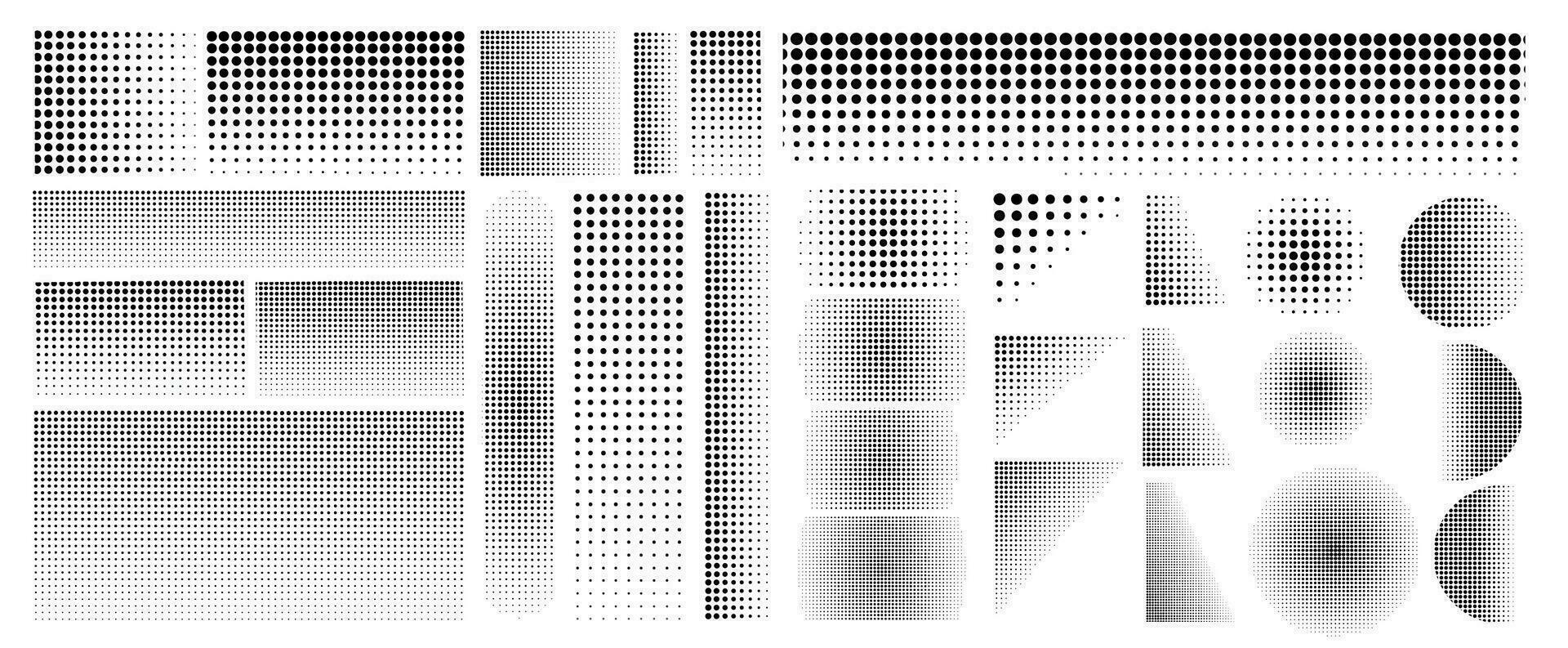 Set of different halftone gradient Cartoon dots, texture, circle, wide halftone, rounded shapes, grunge halftone, grid dots circles collection. use to Pop art dotted, banner, poster, print item. vector