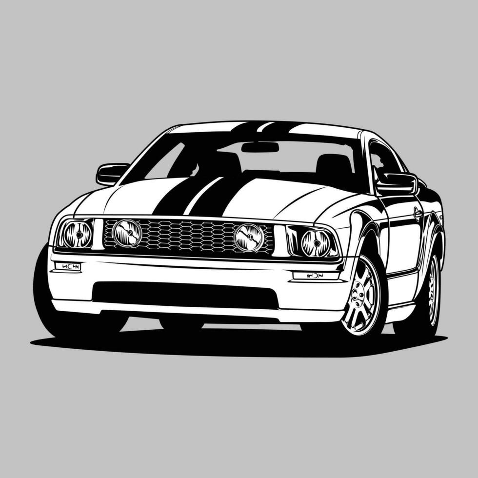 Mustang GT Black and White view car vector illustration for conceptual design