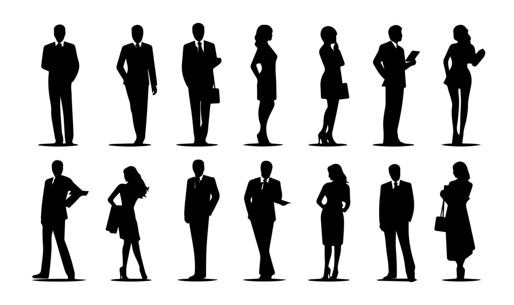siluetas de negocio personas en varios posa vector ilustración.