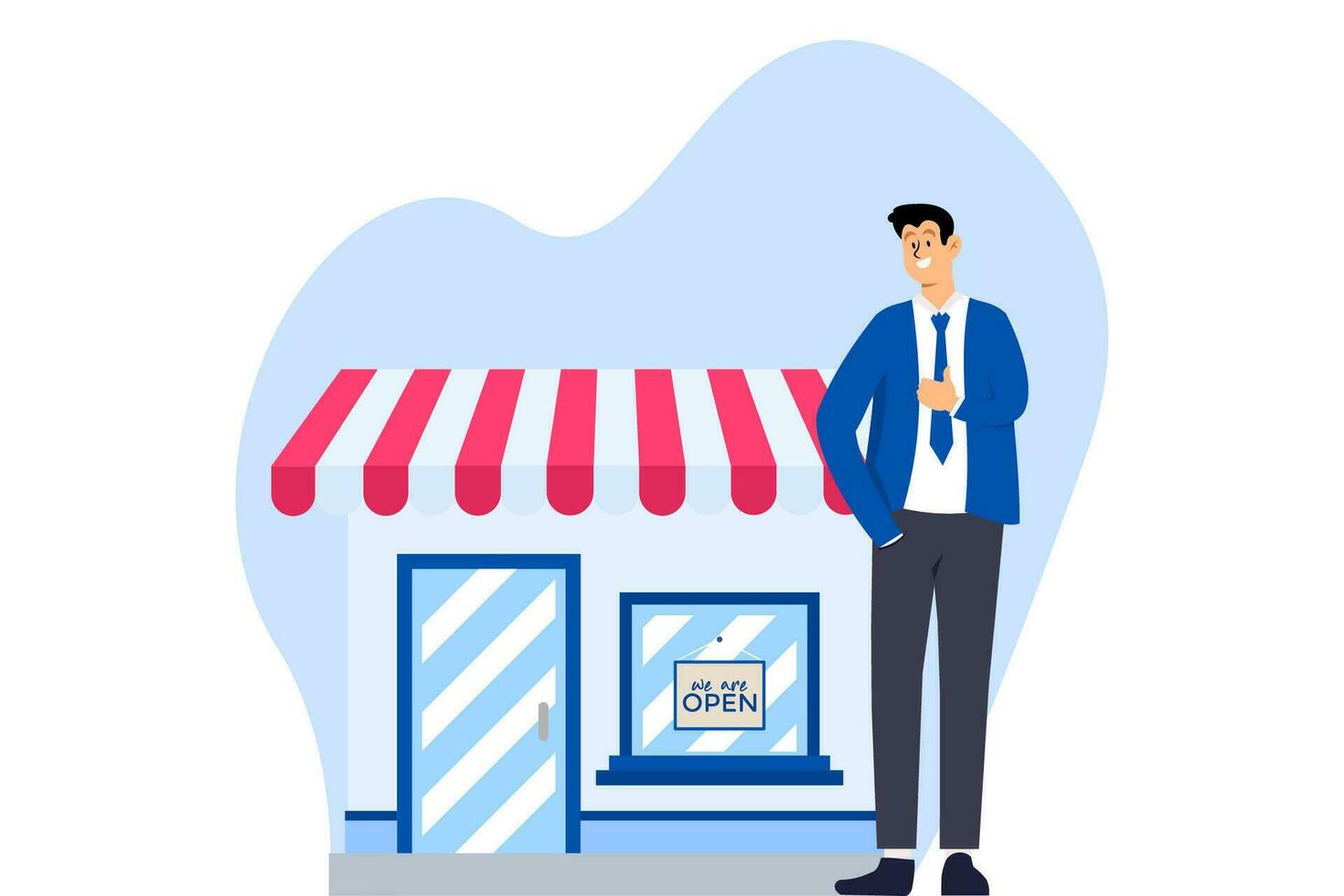 Small business idea, Small business ideas, successful businessman standing in front of the shop he built, illustration of small business ideas, shop owner or merchandise opportunity concept vector