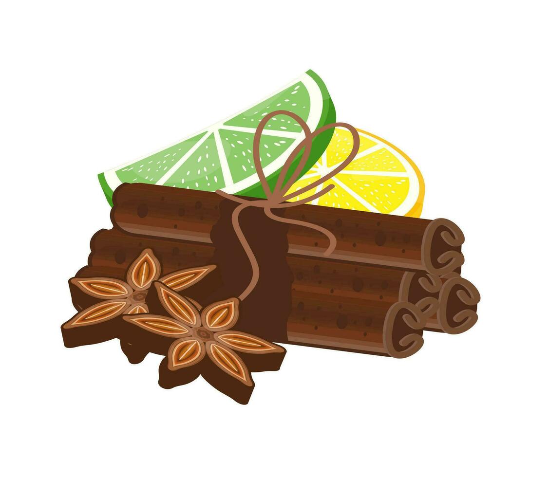 Cinnamon, lime, lemon and anise isolated. Spices, condiments for drinks and dishes. Menu recipe books design element. Flat vector illustration.