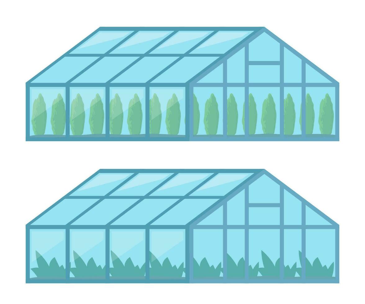 Greenhouses with glass walls, agricultural buildings. Cultivation of agricultural crops. Vector Illustration.