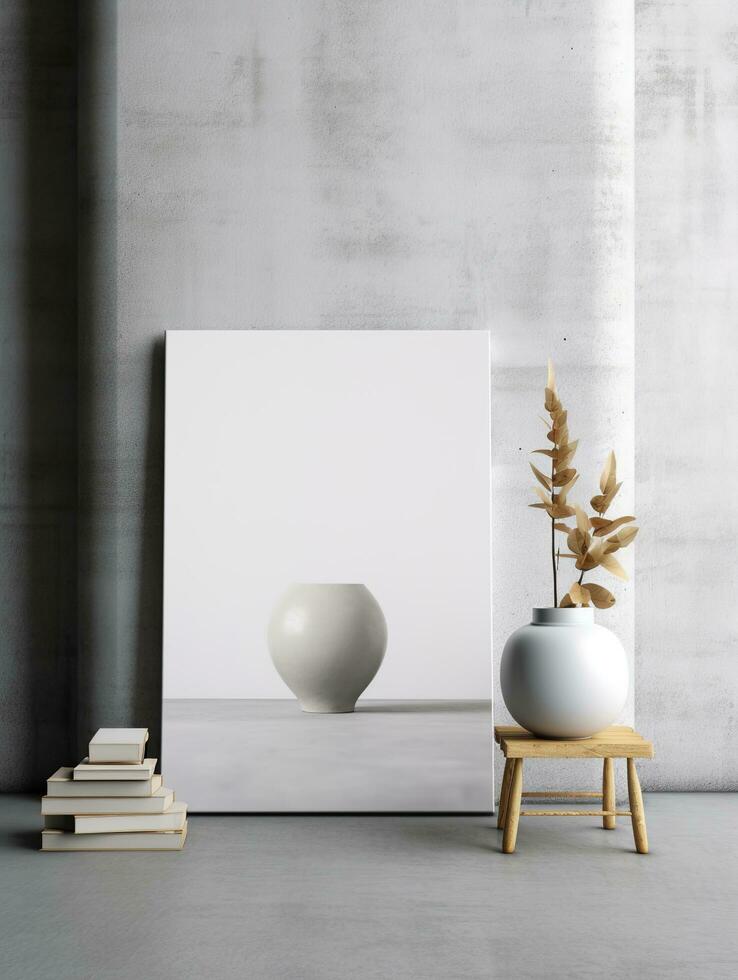 AI generated White canvas for mockup with blurred brick wall room interior photo