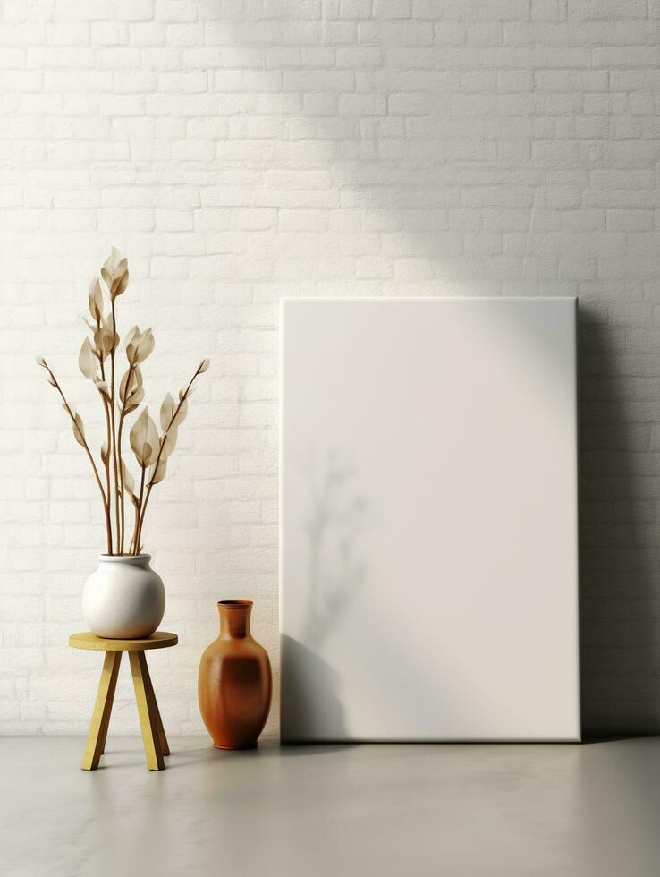 AI generated White canvas for mockup with blurred brick wall room interior photo