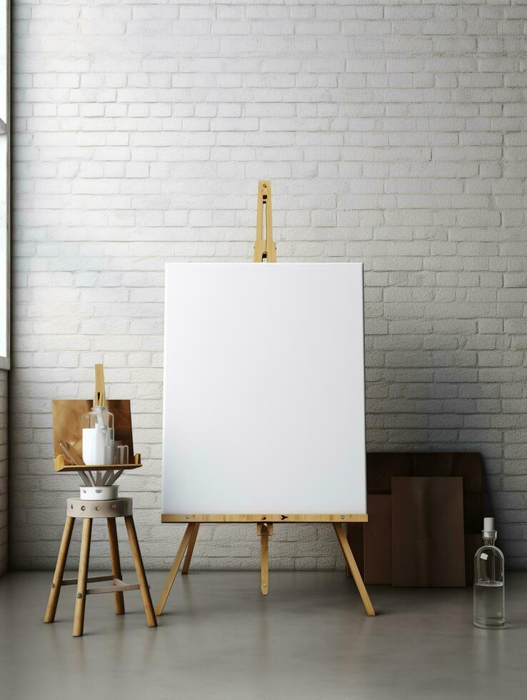 AI generated White canvas for mockup with blurred brick wall room interior photo