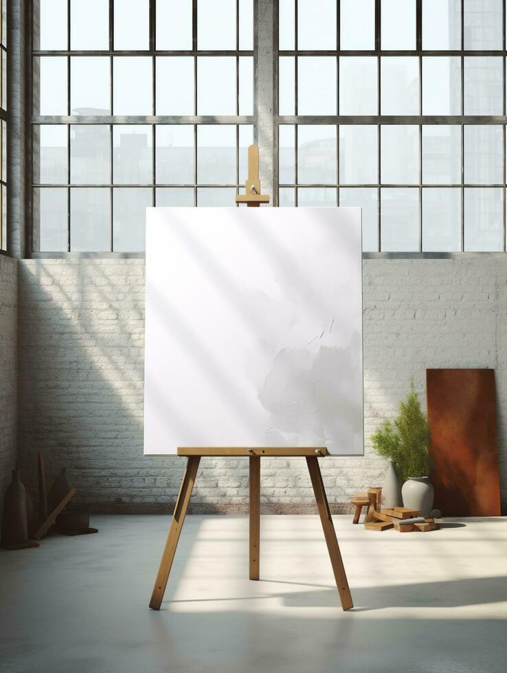 AI generated White canvas for mockup with blurred brick wall room interior photo