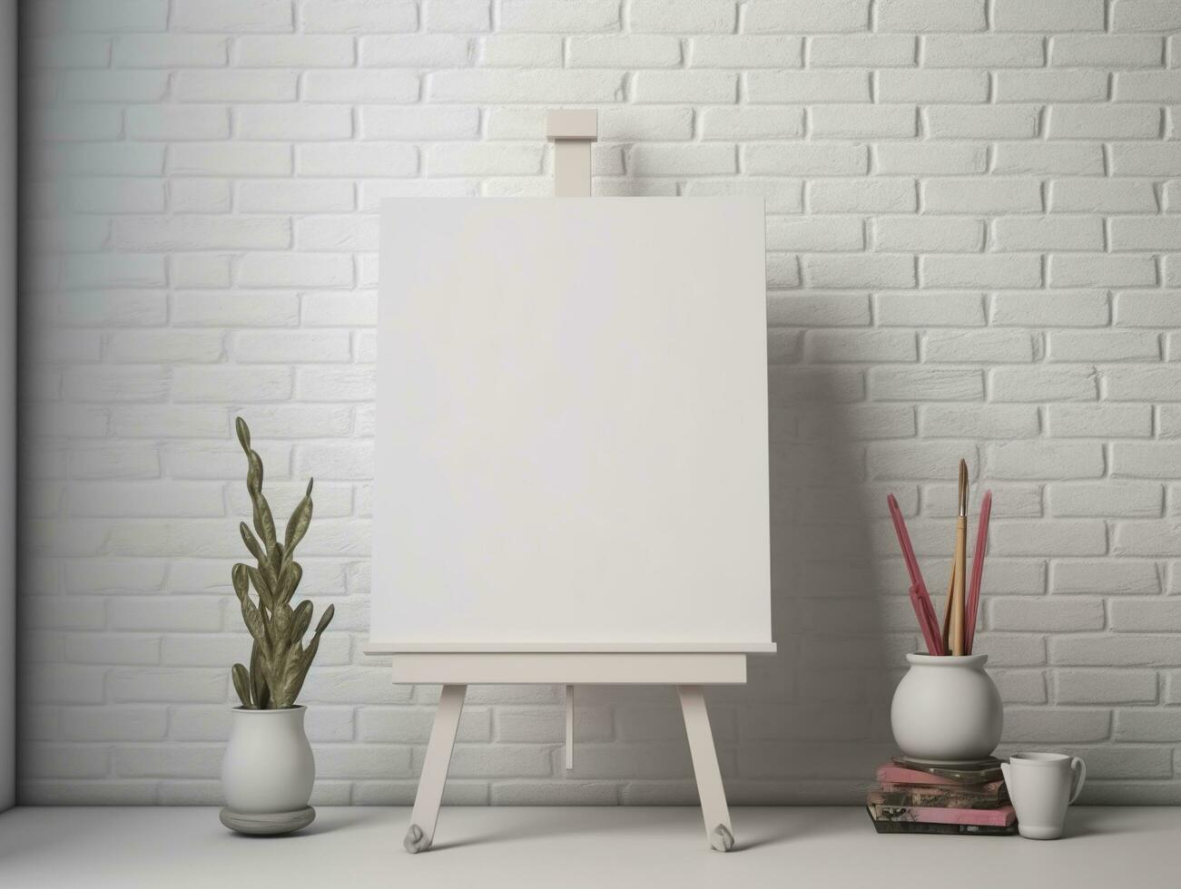 AI generated White canvas for mockup with blurred brick wall room interior photo