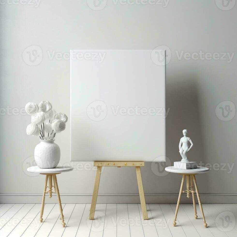 AI generated White canvas for mockup with blurred brick wall room interior photo