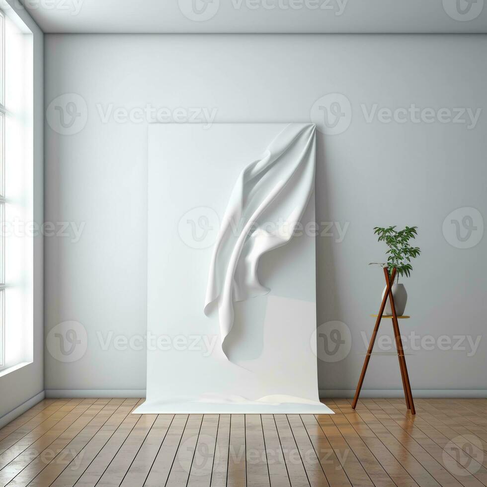 AI generated White canvas for mockup with blurred brick wall room interior photo