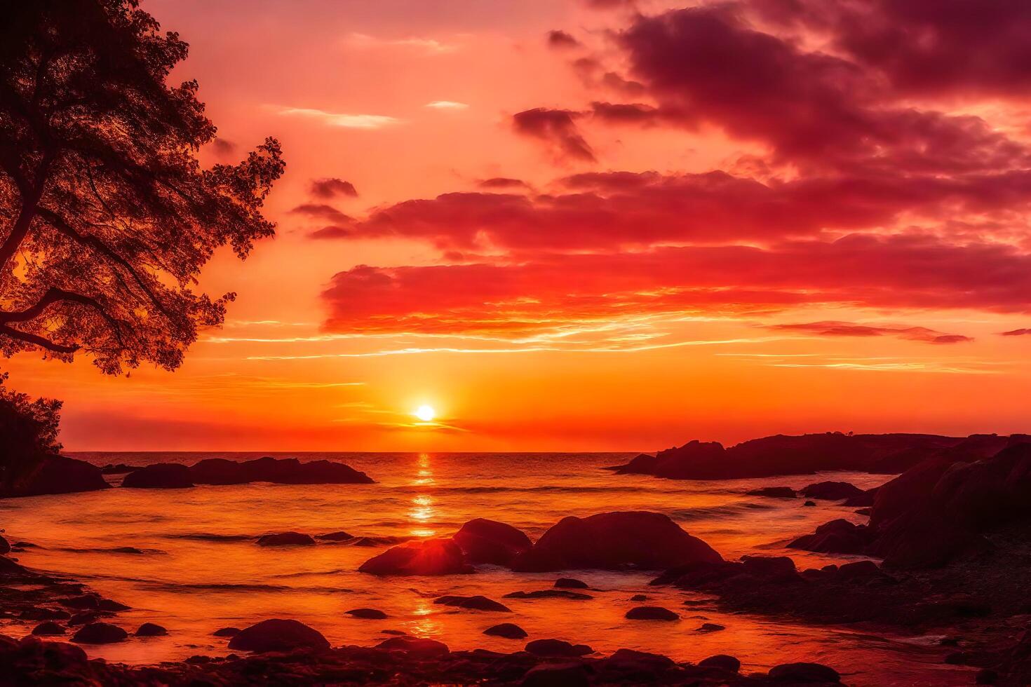 AI generated the sun sets over the ocean and rocks on the shore photo