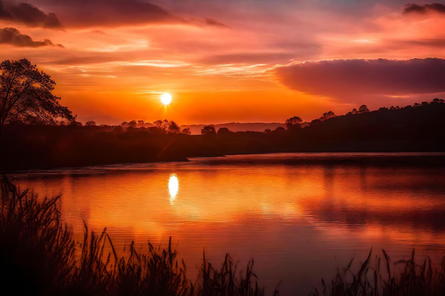 AI generated the sun sets over a lake with grass and trees photo