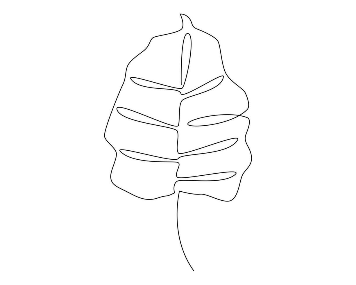 Continuous one simple single abstract line drawing of monstera leaf illustration in silhouette on a white background vector