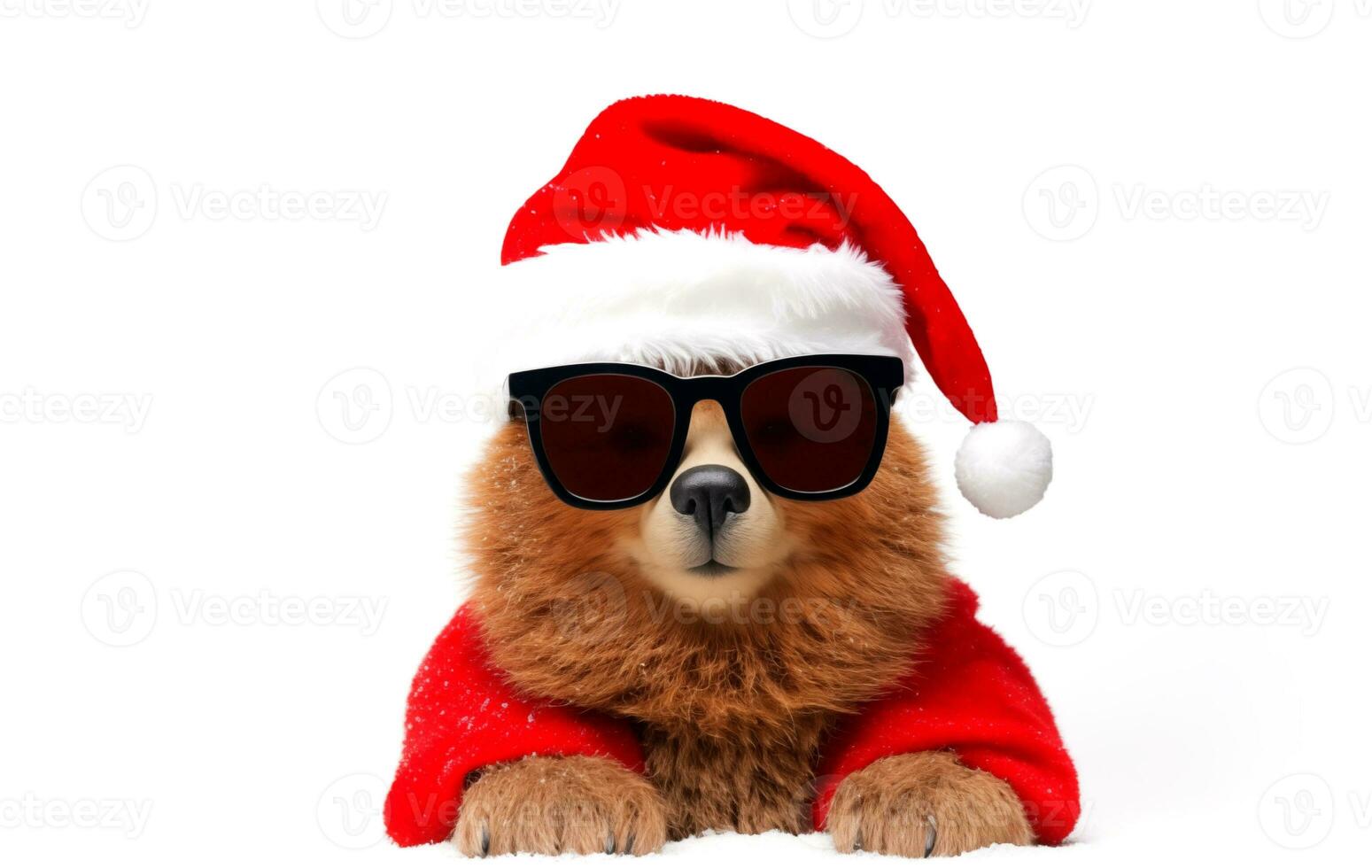 AI generated Portrait of a ginger puppy in sunglasses and a Santa Claus hat. photo