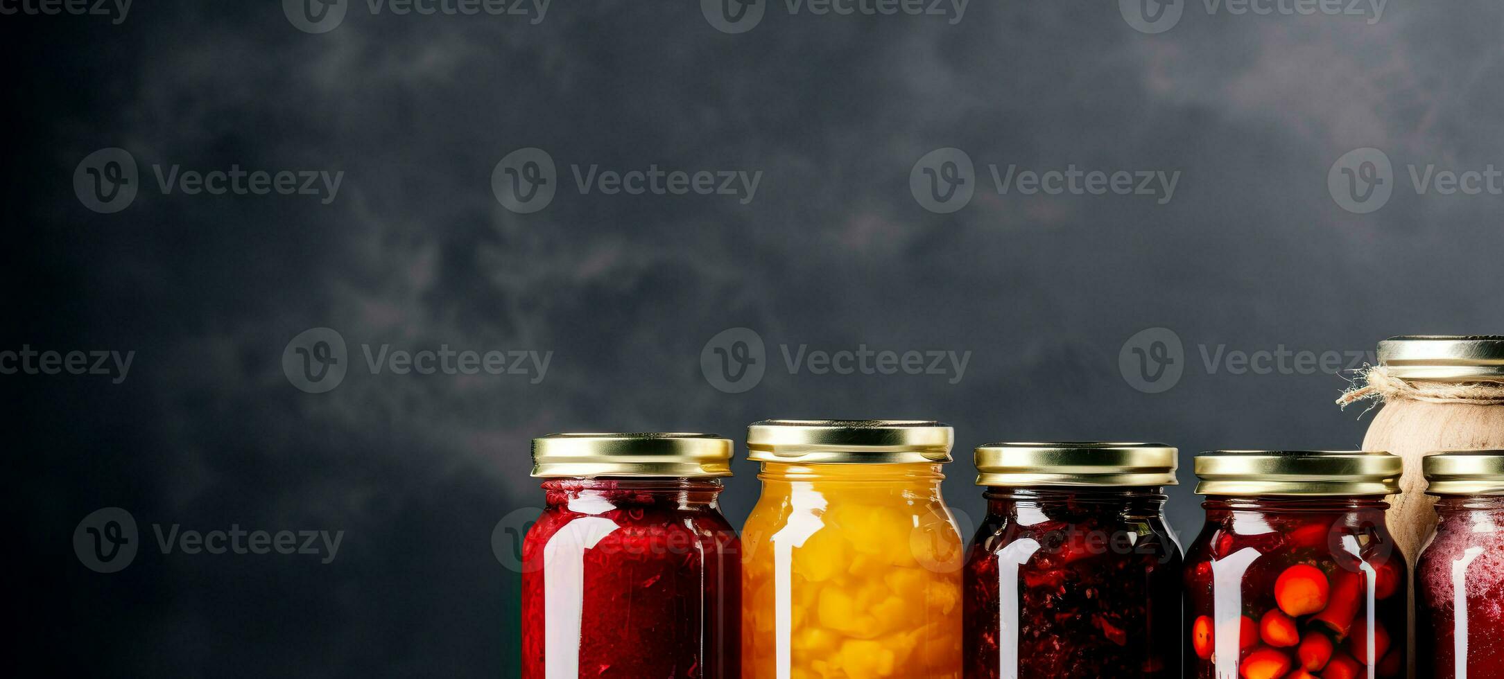 AI generated Variety of jams in glass jars on dark background. photo