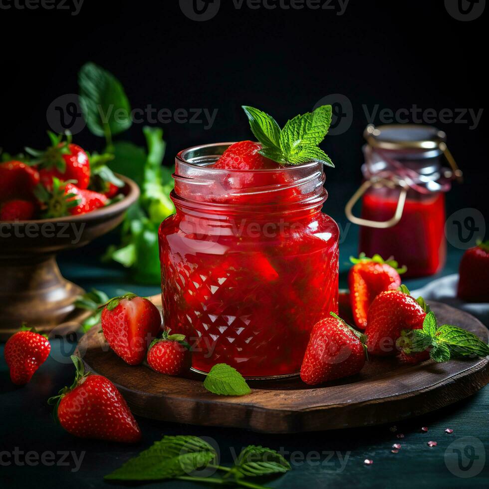 AI generated Strawberry jam in a glass jar with fresh berries and mint on a dark background. photo