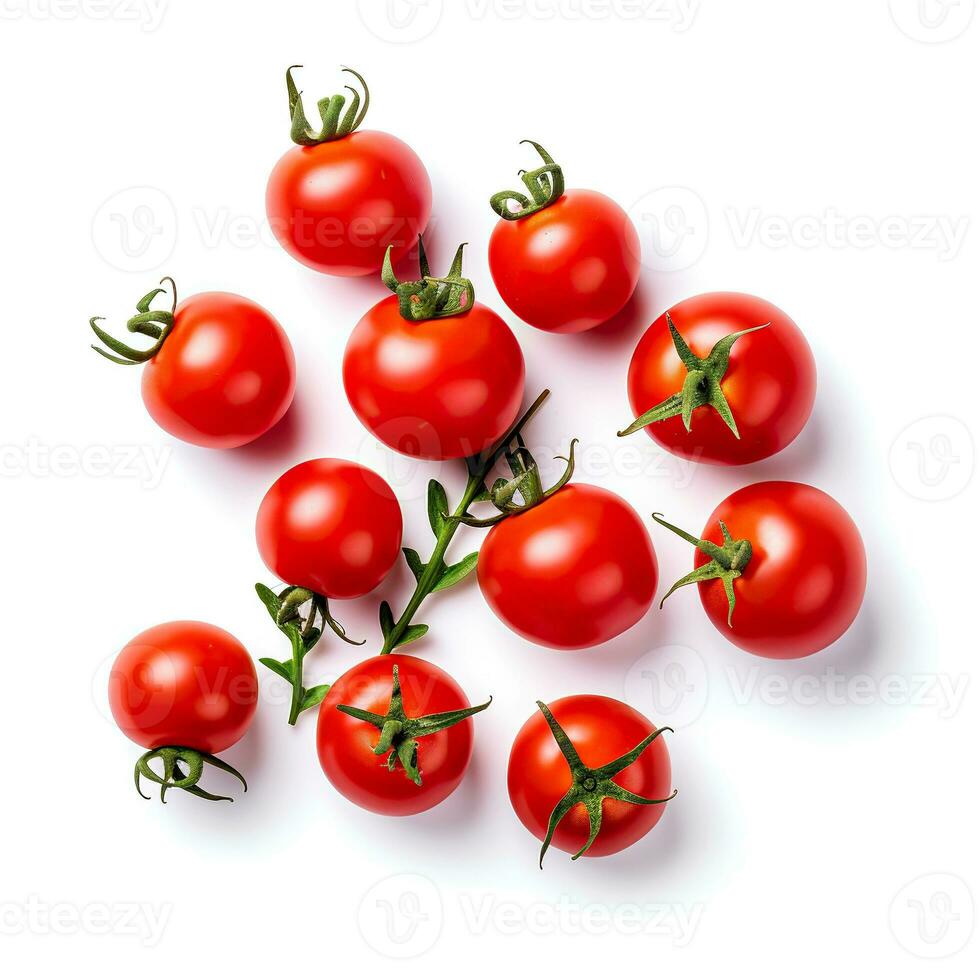AI generated Fresh cherry tomatoes isolated on white background. Top view. Flat lay. photo