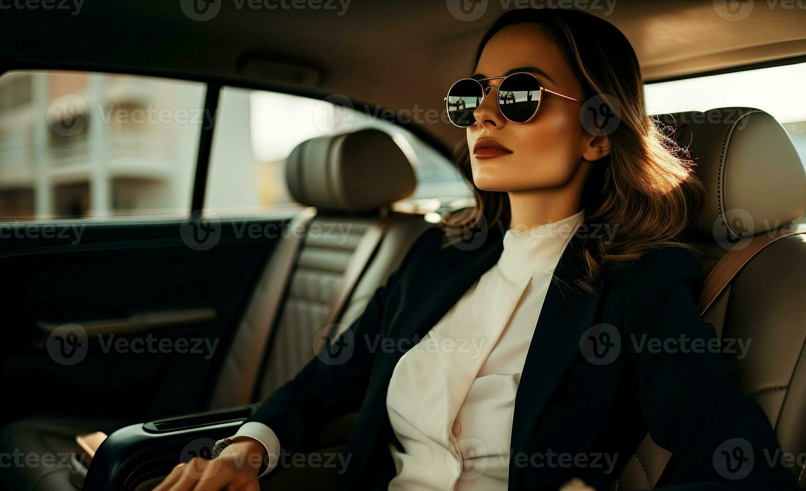 AI generated Attractive businesswoman in sunglasses sitting in the back seat of a car and looking in front. photo