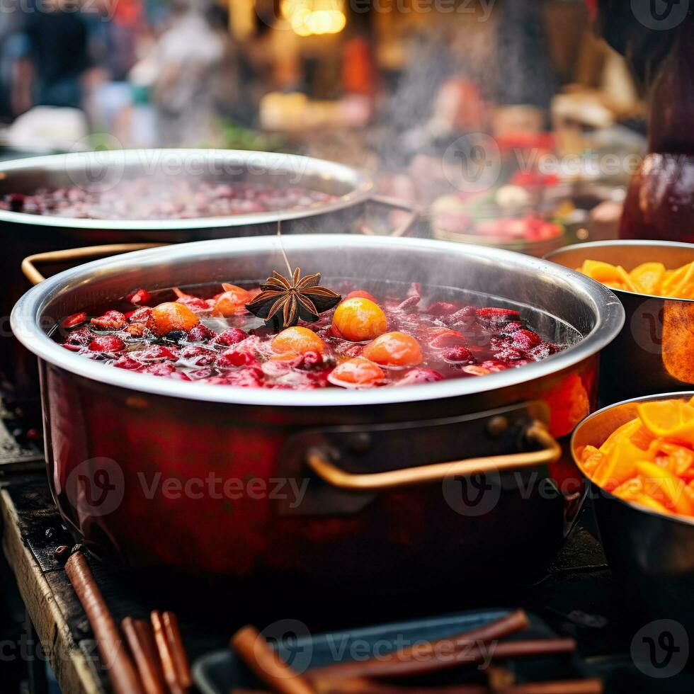 AI generated Beverages fruits and berries hot mulled wine in pots. Traditional Christmas food in cauldron and pot on fire background. photo