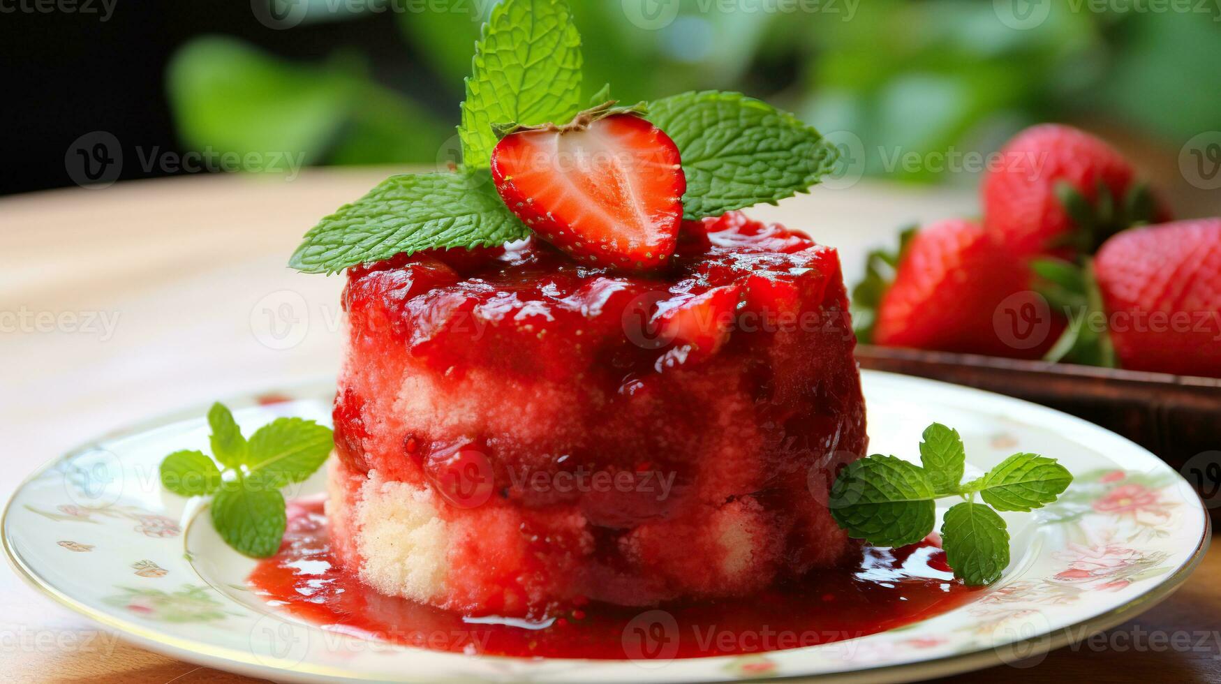 AI generated Strawberry cake with fresh strawberries and mint close-up on blurred background. photo