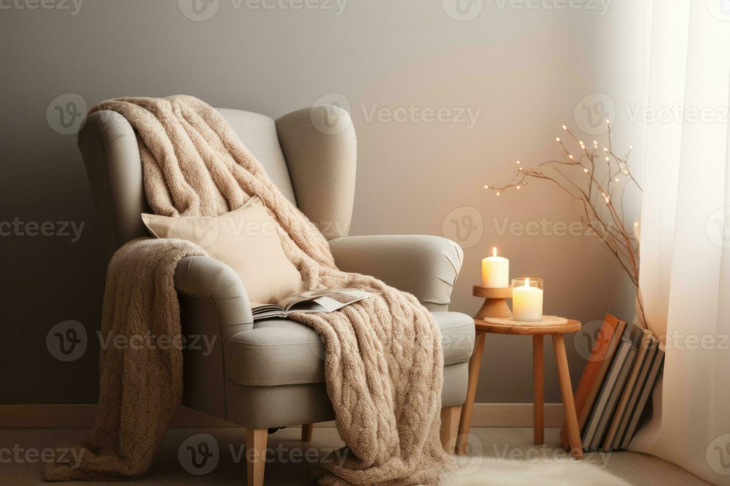 AI generated Reading corner with a comfortable chair and a stack of books. Cozy hygge interior. Generative AI photo