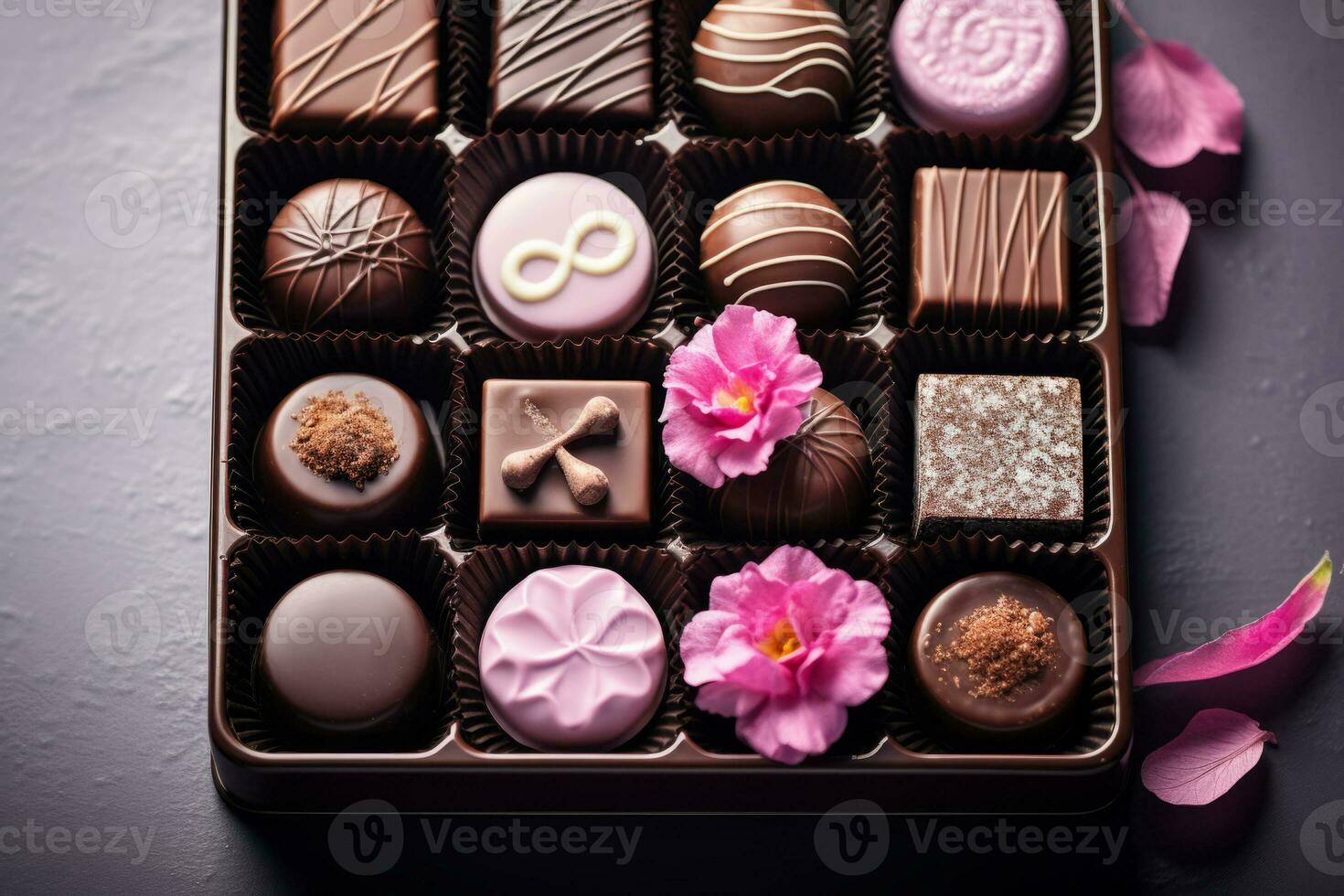 AI generated Box of artisan chocolates. Luxury handmade chocolates and a praline. Generative AI photo