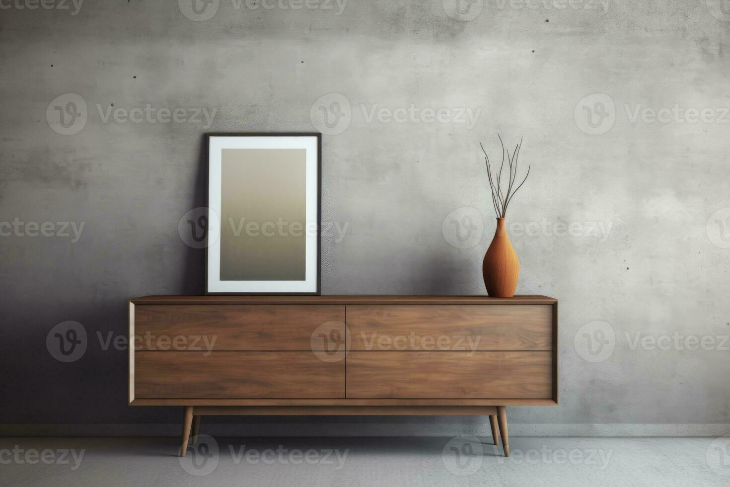 AI generated Wooden dresser near concrete wall with frame. Vintage home interior design of living room. Generative AI photo