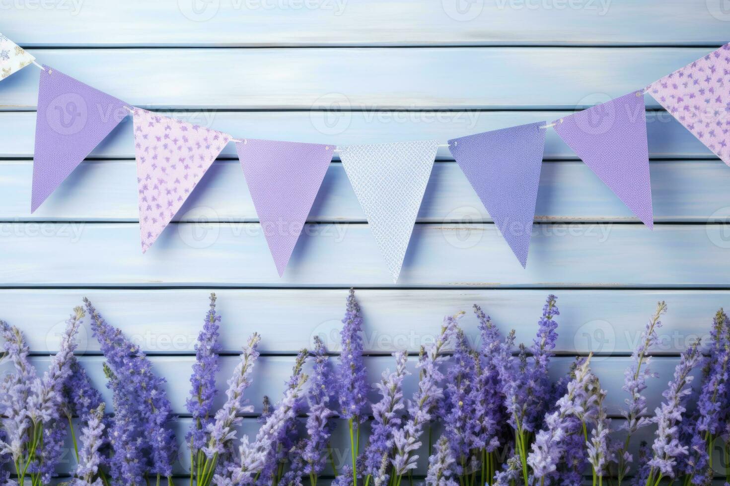 AI generated Triangular lilac bunting flags and flowers. Festive decor. Generative AI photo