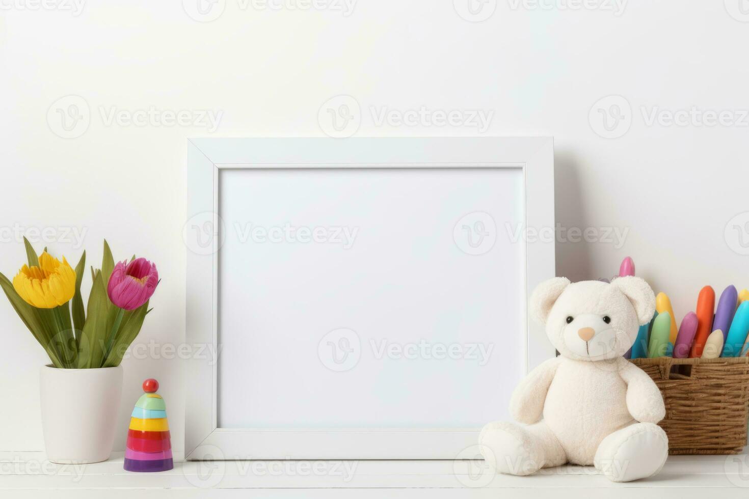 AI generated White wooden blank frame surrounded by playthings and colorful toys. Generative AI photo