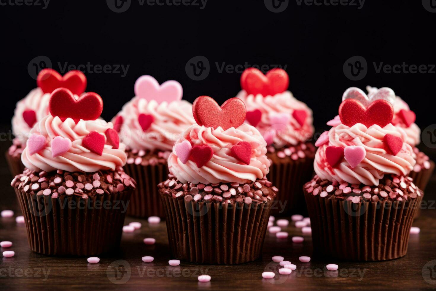 AI generated Cupcakes with decorations, with cream cheese and frosting for Valentine's day. Generative AI photo