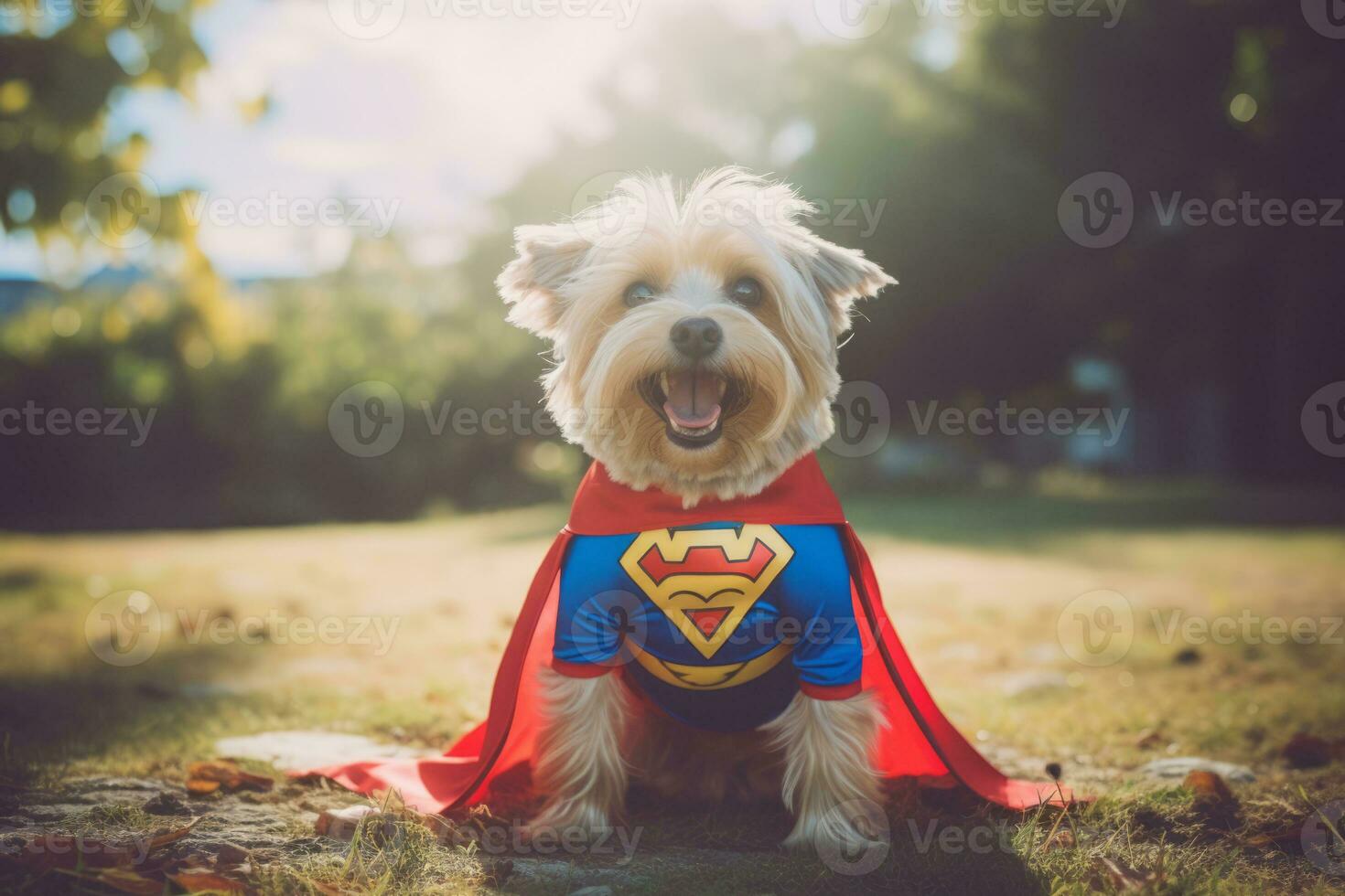 ai generado perro vistiendo rojo superhéroe capa y mascarilla. generativo ai foto