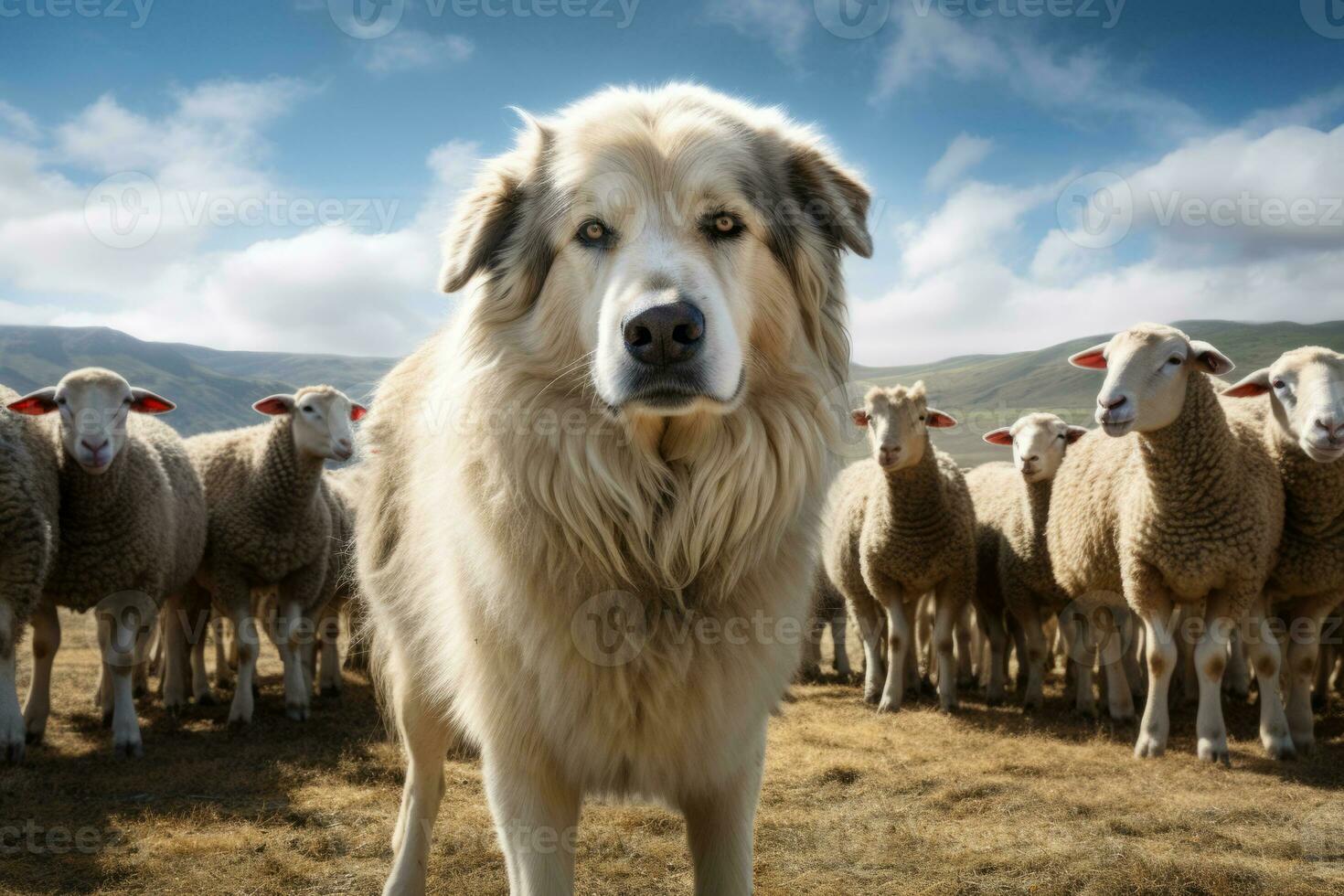 ai generado pastor perro guardando y líder el oveja rebaño en un verano día. generativo ai foto