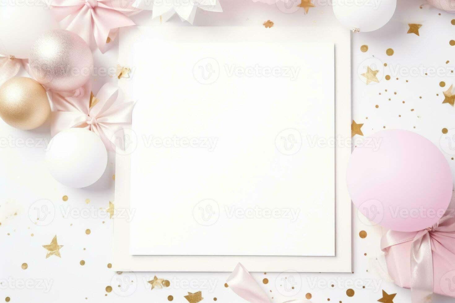 AI generated Blank white plain birthday invite mockup. Pink and white balloons, confetti. Generative AI photo