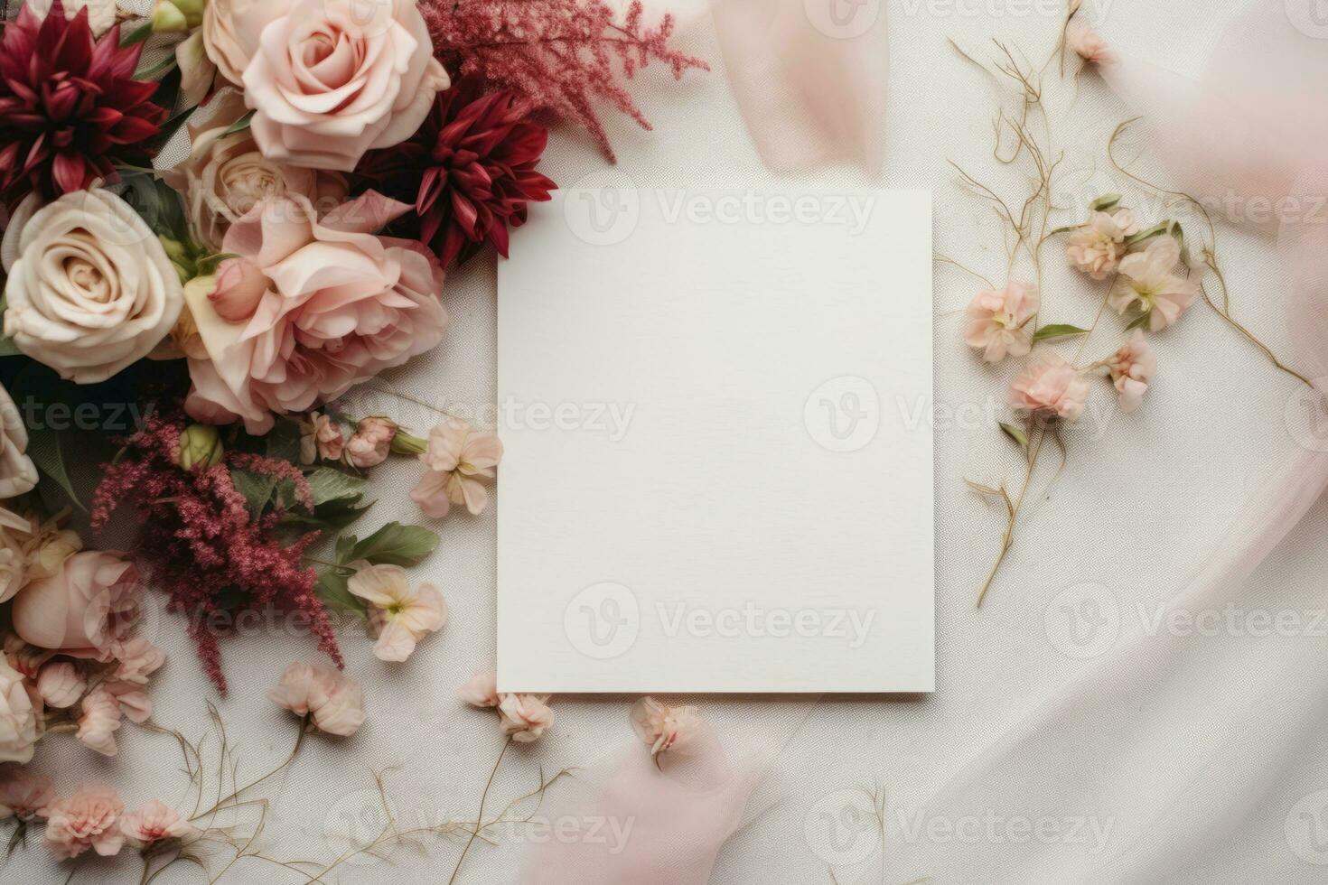 AI generated Mock up of white wedding invitation with dusty pink accents and floral elements. Generative AI photo