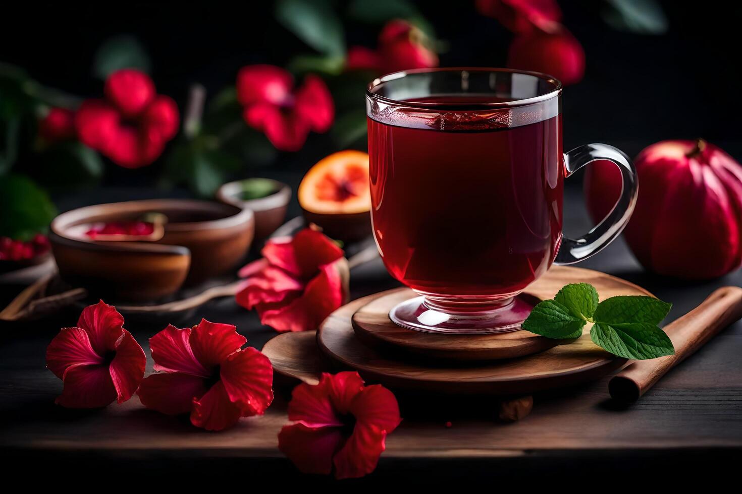 ai generado el té taza con rojo flores y hojas en el mesa foto