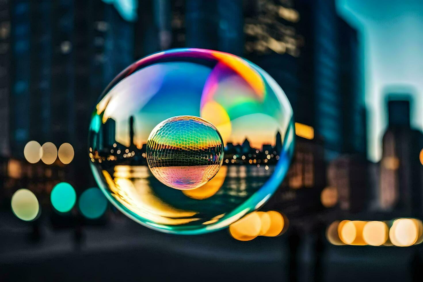 AI generated a colorful bubble with a city in the background photo