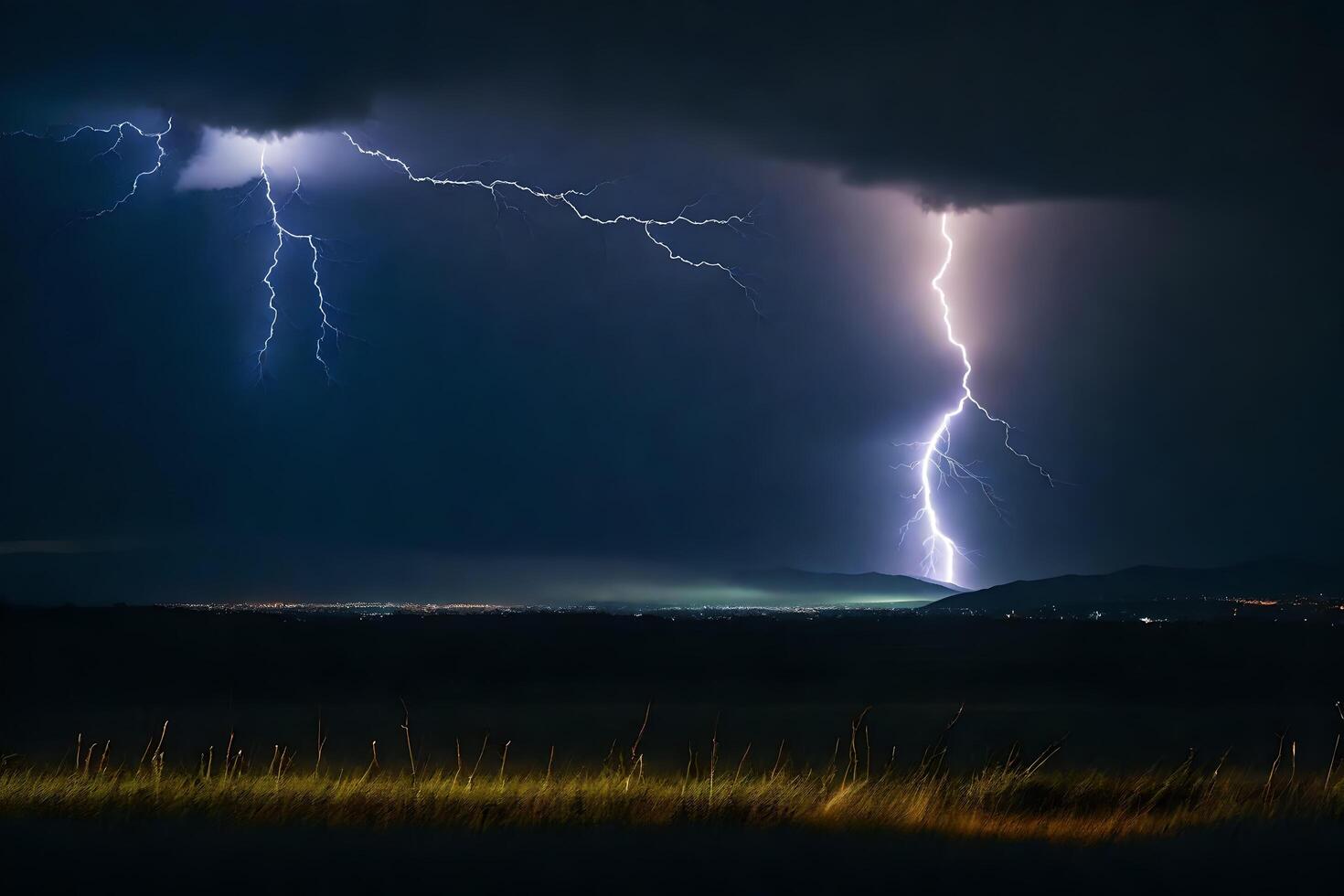 AI generated lightning strikes over a field with grass and trees photo