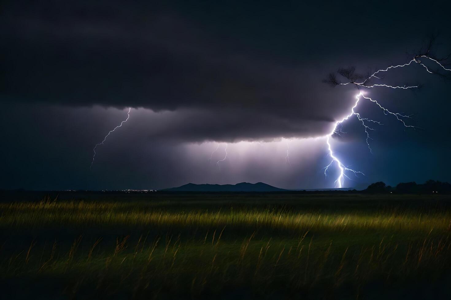 ai generado relámpago huelgas terminado un campo en el oscuro foto