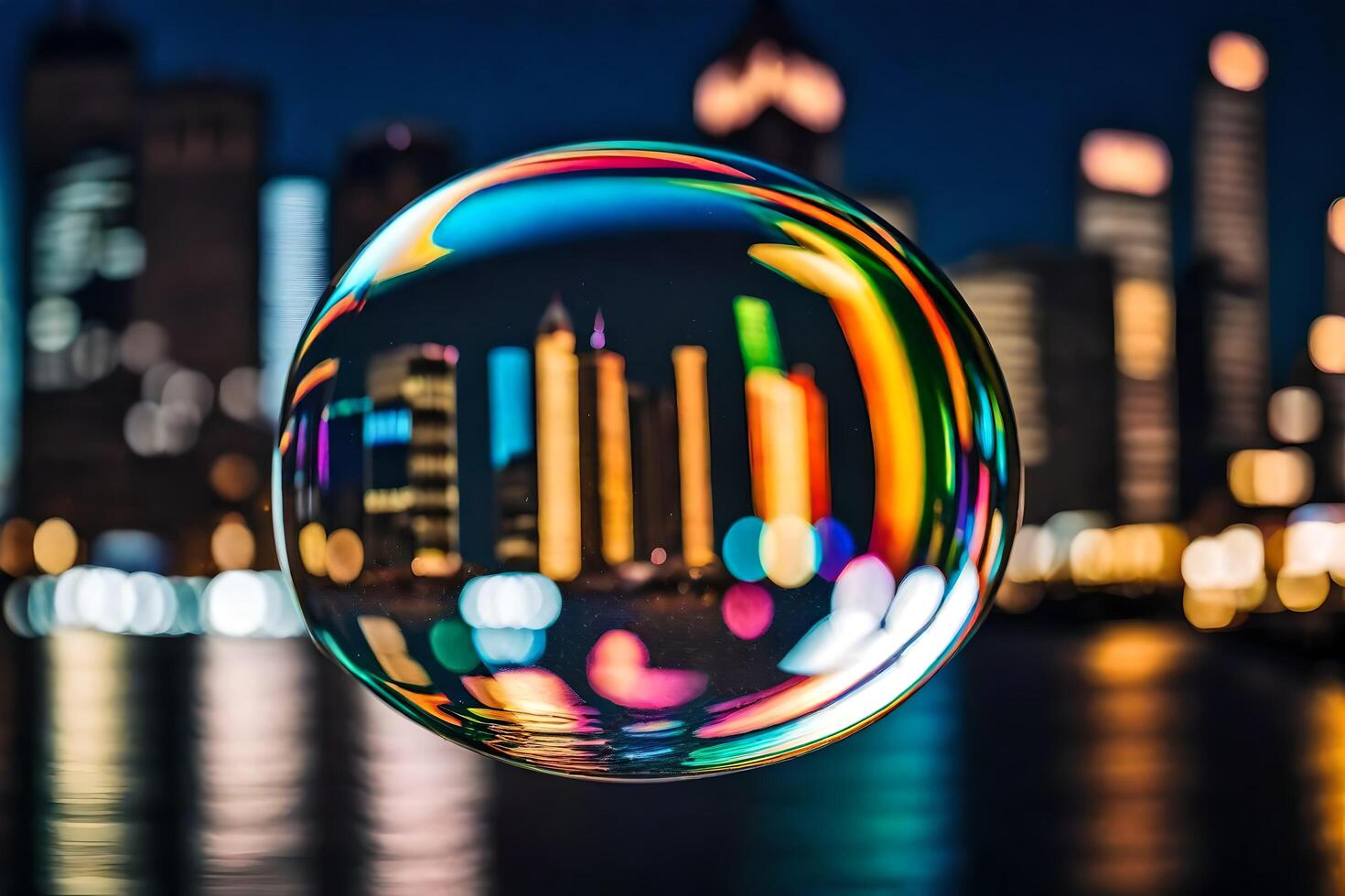 AI generated a colorful bubble with city lights in the background photo